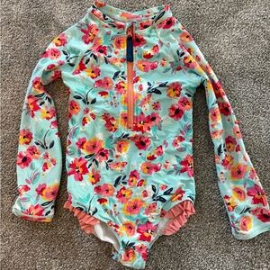 Ruffle Butts Aqua and Pink Floral Kids Rashguard